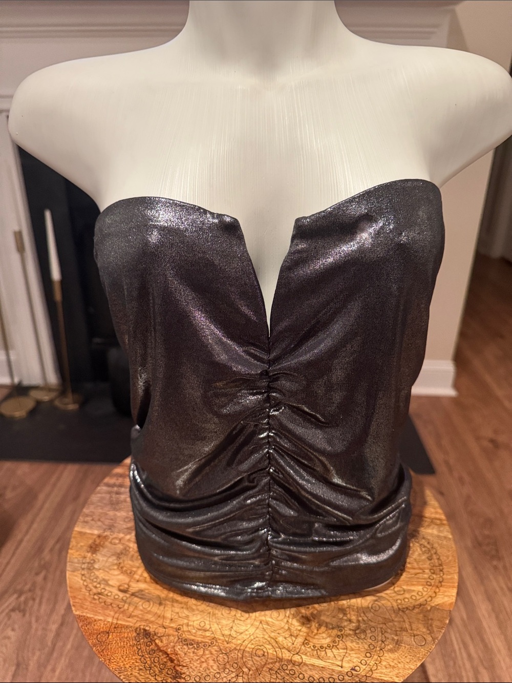 Daytrip Metallic Black Strapless Ruched V-Notch Camisole